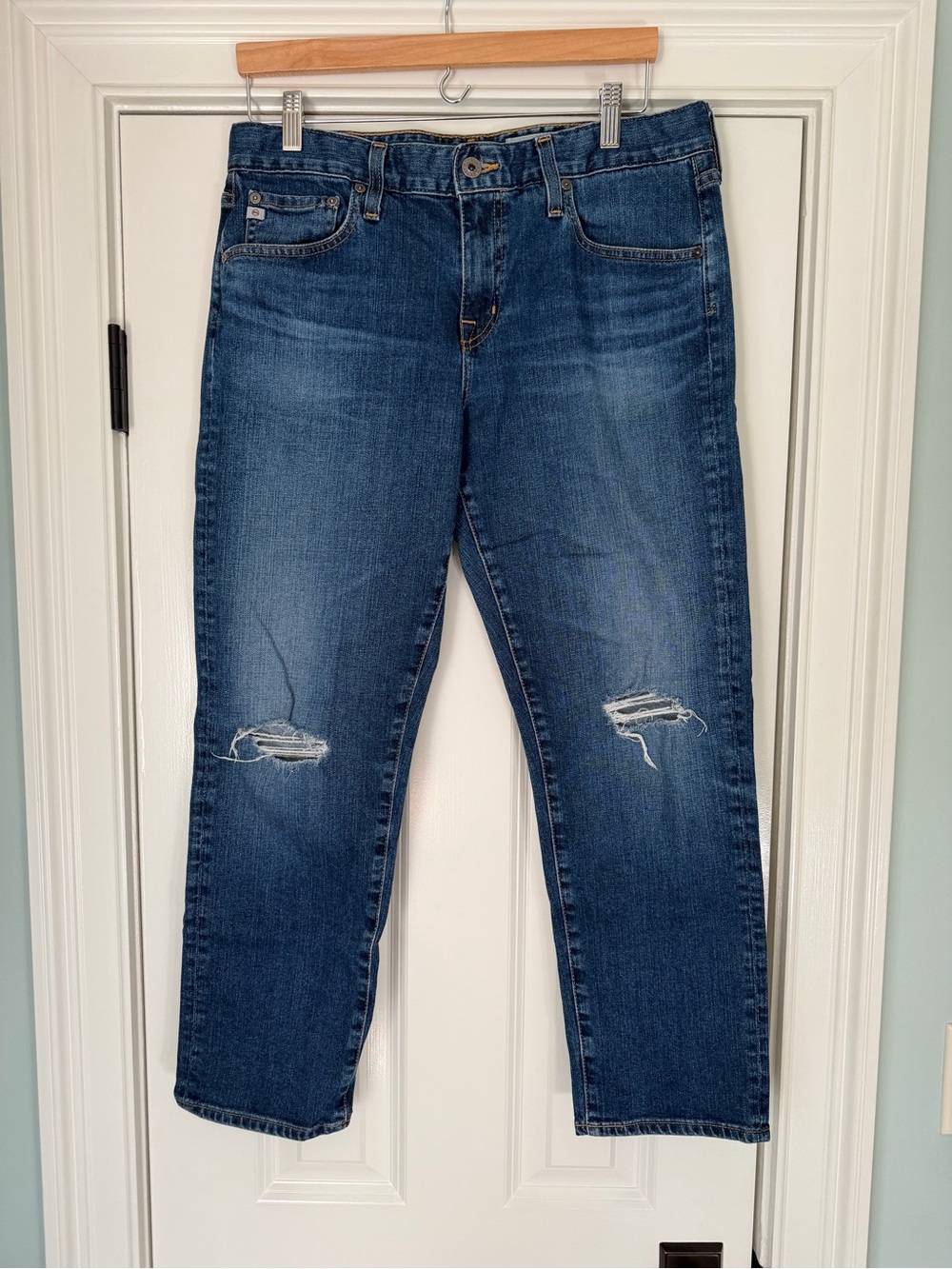 Ag Adriano Goldschmied Slim Straight Distressed Blue Jeans Size 30R